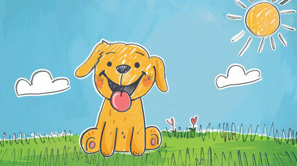 A charming childs drawing of a joyful dog running freely in a vibrant meadow filled with flowers and sunshine.