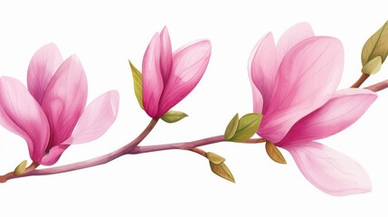 Fototapeta premium Delicate pink magnolia blooms on a slender branch. A watercolor masterpiece that captures natures elegance.
