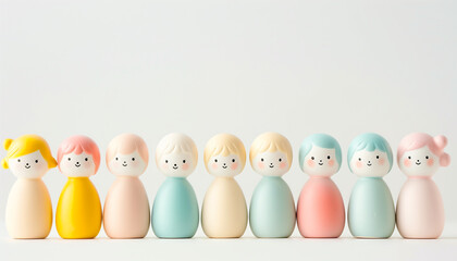 Multicolored toy figures in a row against a white background, each with a unique hairstyle and expression, depicting diverse characters.