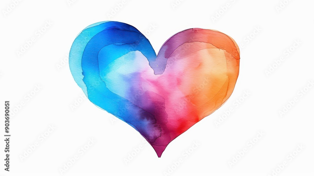 Poster a vibrant rainbow heart illustration in watercolor style, perfect for adding a pop of color to any d