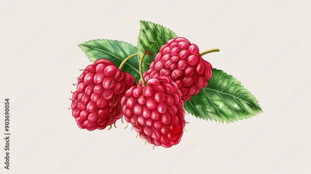 Sticker Vibrant raspberry on clean backdrop, showcasing its rich color and texture in a vintage botanical illustration style.