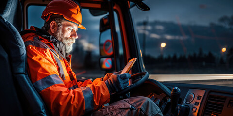 Truck driver using gps navigation on tablet computer during rest in cabin