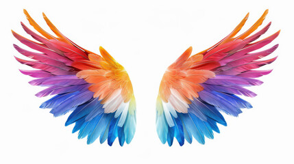 Fototapeta premium Vibrant rainbow angel wings stand out against a pure white backdrop, showcasing intricate details and a colorful design.