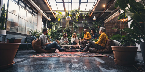 Business team discussing work in modern green office during meeting
