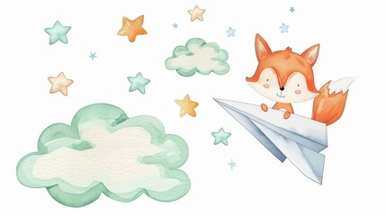 Obraz premium Adorable watercolor painting of a fox soaring on a paper plane, ideal for kids artwork and greeting cards.