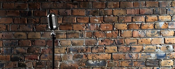 Podcast microphone on the brick wall background with copy space