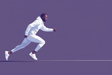 A determined athlete in a white tracksuit sprints energetically against a vibrant purple background, showcasing strength and focus.