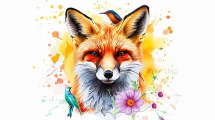 Obraz premium A vibrant watercolor portrait of a fox, adorned with a delicate bird and blooming flowers, captures natures beauty.