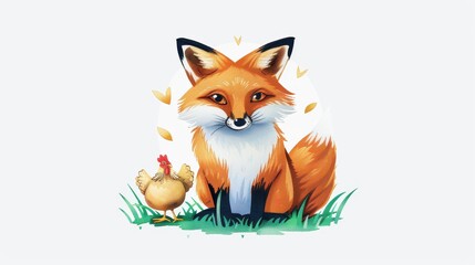 Obraz premium A charming watercolor of a fox gazing at a chicken, showcasing vibrant colors and playful details.