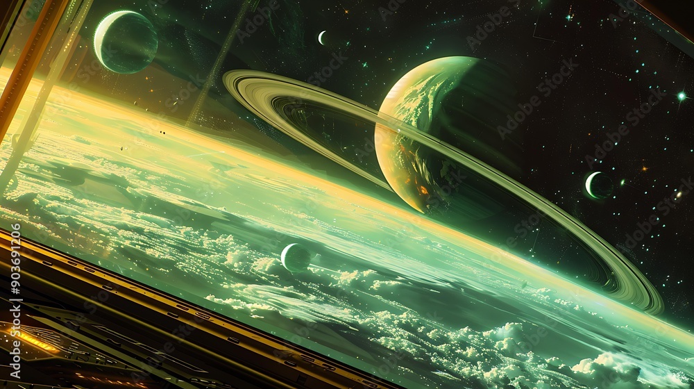 Poster a planet with a ring system and multiple moons visible from the window of a spaceship