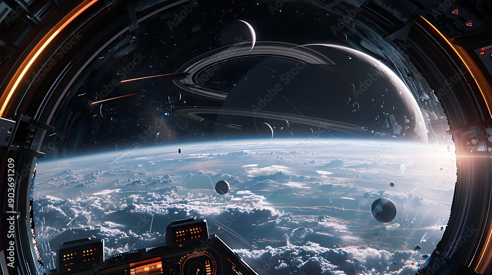 Poster a planet with a ring system and multiple moons visible from the window of a spaceship
