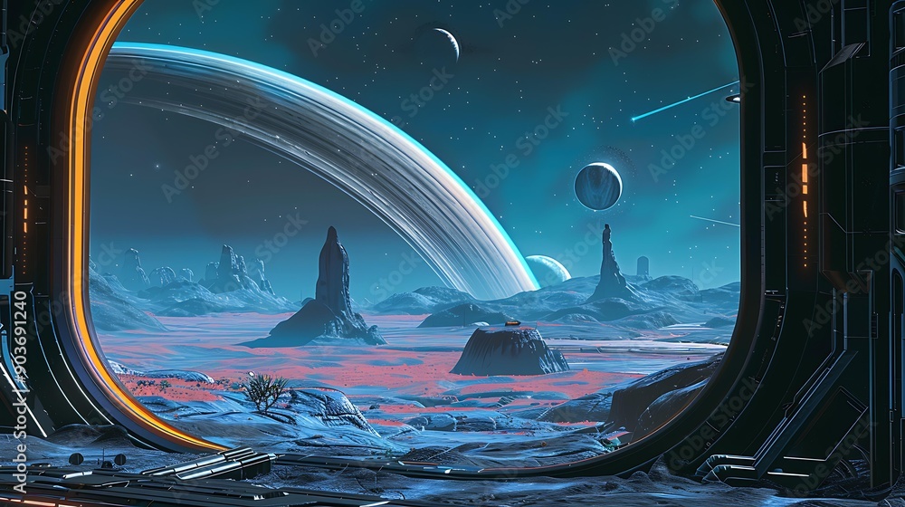 Poster a planet with a ring system and multiple moons visible from the window of a spaceship
