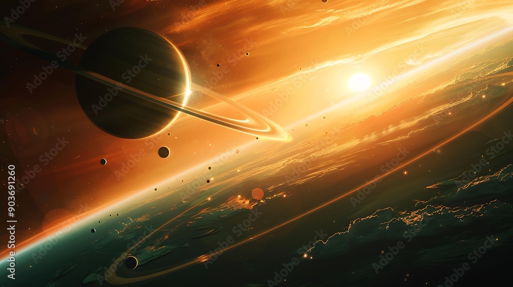 Poster a planet with a ring system and multiple moons visible from the window of a spaceship
