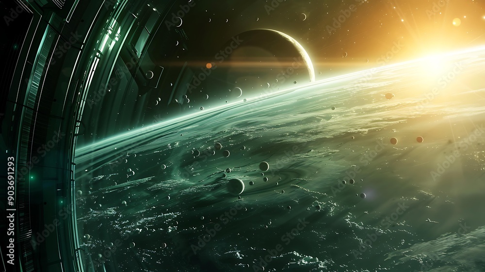 Poster a planet with a ring system and multiple moons visible from the window of a spaceship