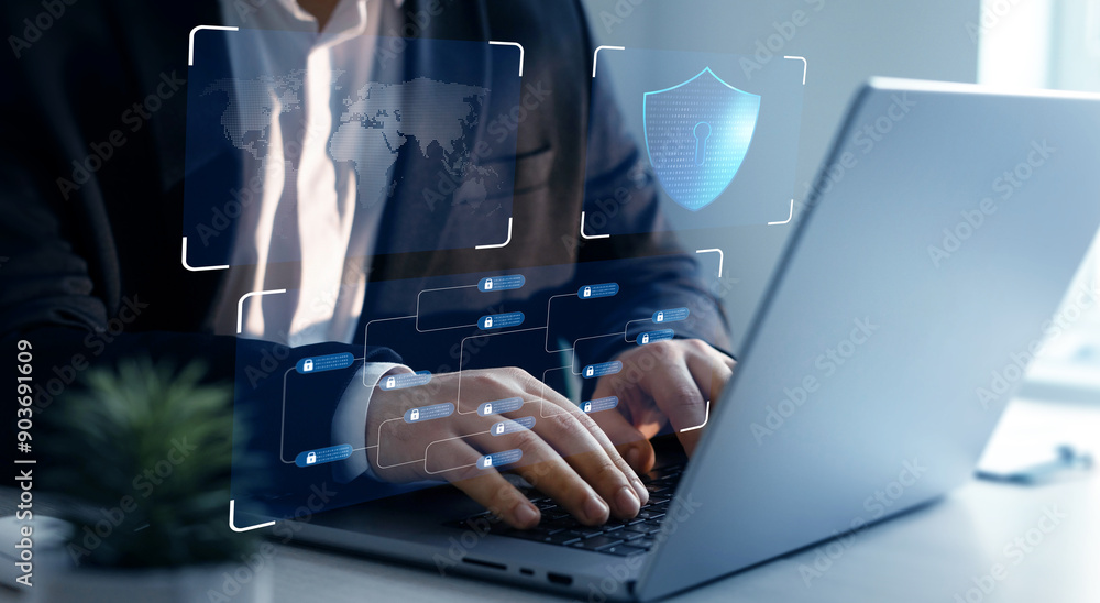 Poster network protection and cybersecurity it developer working on secure access web protection internet t