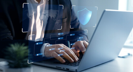 Network protection and cybersecurity IT developer working on secure access web protection internet to protect server against cybercrime. Cyber protection concept.