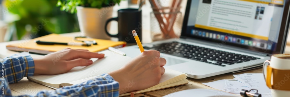 Poster In a cozy home office, a person multitasks by writing in a notebook and using a laptop. Ideal for remote work, freelancing, or learning, providing a productive and comfortable environment