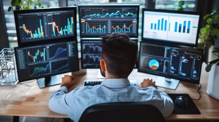 A data scientist analyzing data on a computer with graphs and charts displayed on multiple monitors