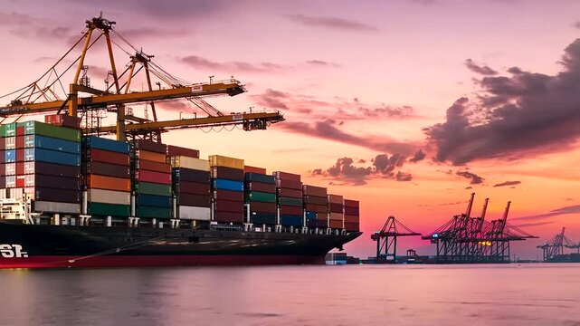 usy container port at sunset, cranes loading and unloading cargo ships, vibrant colors, global trade, shipping logistics, with copy space