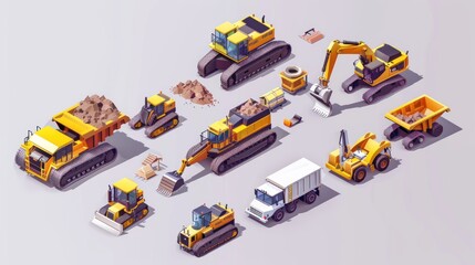 Naklejka premium An isometric illustration of various construction machines at a site
