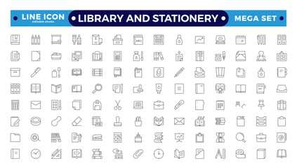 Library and stationery icon set. Contain linear outline icons like College, Knowledge, University, Book, Study, Certificate, Student, Library, Lesson, Stationery. Editable stroke outline icon. 
