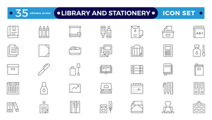 Library and stationery icon set. Contain linear outline icons like College, Knowledge, University, Book, Study, Certificate, Student, Library, Lesson, Stationery. Editable stroke outline icon. 
