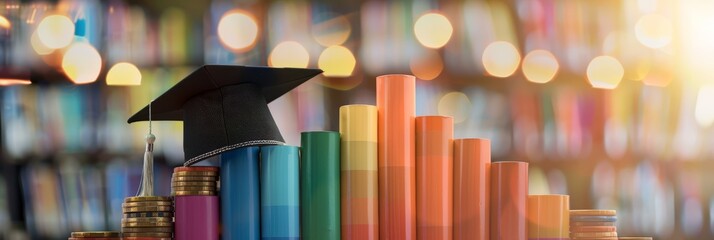 A graduation cap rests atop multicolored bar graphs, symbolizing academic achievement and financial growth. The backdrop of a vibrant library emphasizes education, success, and knowledge.