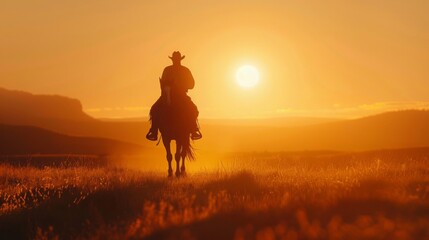 Fototapeta premium A cowboy on horseback rides away into a vibrant sunset, casting a long silhouette against the golden sky and expansive landscape.