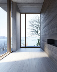 Fototapeta premium Empty room in a luxury property with outdoors views and wall panels. Luxurious residential Real Estate conceptual image.