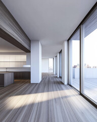 Empty room in a luxury property with outdoors views and wall panels. Luxurious residential Real Estate conceptual image.