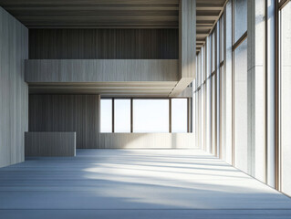 Empty room in a luxury property with outdoors views and wall panels. Luxurious residential Real Estate conceptual image.
