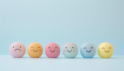 Colorful round faces showing different emotions on a light blue background, ranging from sad to various happy expressions.