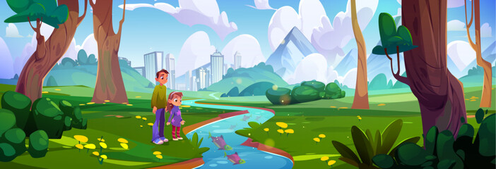 Children walking in forest or park near river with fish. Cartoon vector summer sunny landscape with green trees and grass, blue water in stream, skyscrapers on horizon, teen boy and kid girl outing.