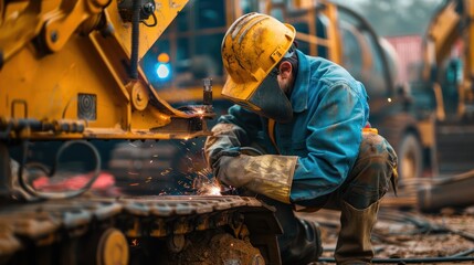 A mechanic welding a part on a heavy construction machine