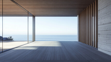 Empty room in a luxury property with outdoors views and wall panels. Luxurious residential Real Estate conceptual image.