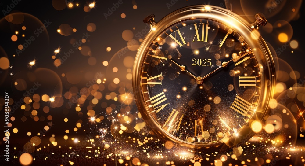 Poster golden clock face displaying the year 2025 with sparkling lights and festive atmosphere