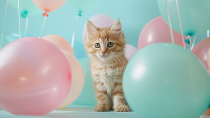 a photo of a cute cat, surrounded by balloons, realistic, background pastel mint