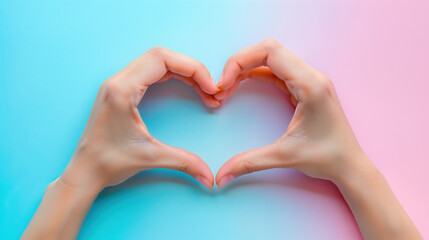 Fototapeta premium Hands Forming Heart Shape Against Gradient Blue and Pink Background Symbolizing Love, Unity, and Connection