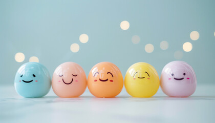 Colorful pastel egg-shaped toys with happy faces arranged in a row, set against a soft blue background with warm bokeh lights, creating a cheerful and whimsical mood.