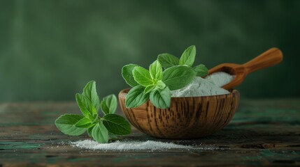 Fresh Stevia Leaves and Powder in Wooden Bowl on Rustic Table with Green Background - Natural Sweetener and Sugar Substitute Concept