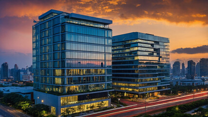 Fototapeta premium Two modern glass office buildings with city skyline in the background at sunset with colorful clouds.