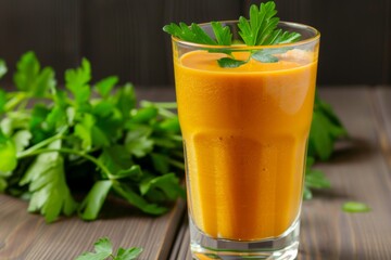 Fototapeta premium Enjoy a refreshing savory vegetable smoothie served in a tall glass, perfectly chilled and garnished with fresh herbs.