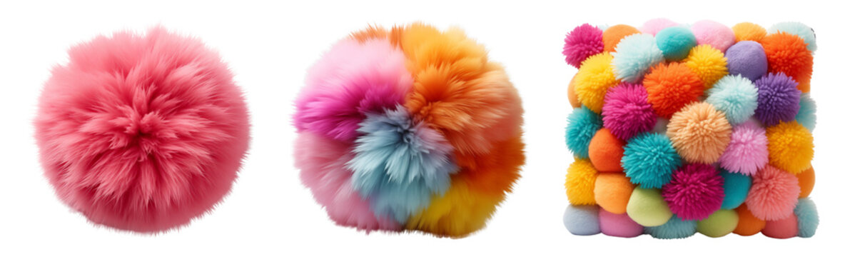 Set of colorful pompom balls and cushion.