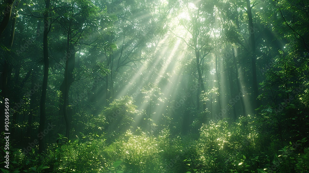 Poster landscape nature background showcasing a dense forest with sunlight filtering through the trees
