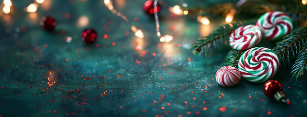 horizontal image, front view, closeup, red and white candies with christmas decoration. Green background, copy space for text