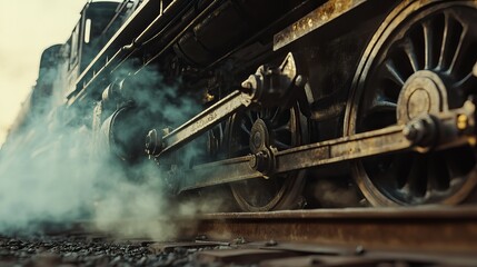 A close-up of a bogie train focuses on the undercarriage of a railway car.