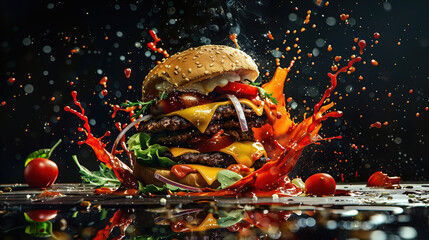 Exploding hamburger, transparent black background, big splashes of food and sauce, strong splashes