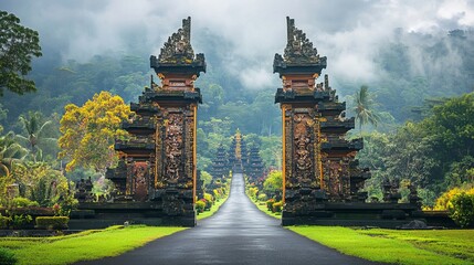 The image depicts the grand gates of a Hindu temple in Bali, Indonesia.
