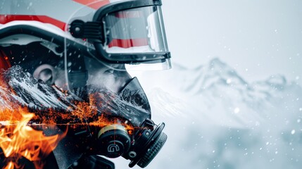 Fototapeta premium Firefighter in action, combined with a serene nature landscape through double exposure, integrating digital interface elements to create a futuristic postcard