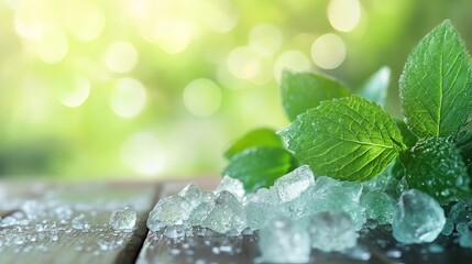 A close-up shot of menthol crystals and fresh green leaves arranged on a wooden table.